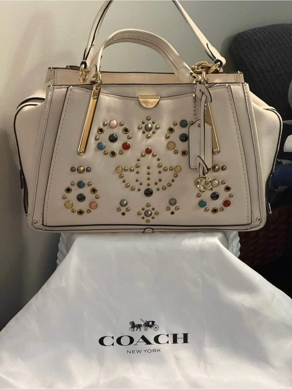 Coach Dreamer Cream Leather Satchel LIKE New with Multicolor Stud Accents!!